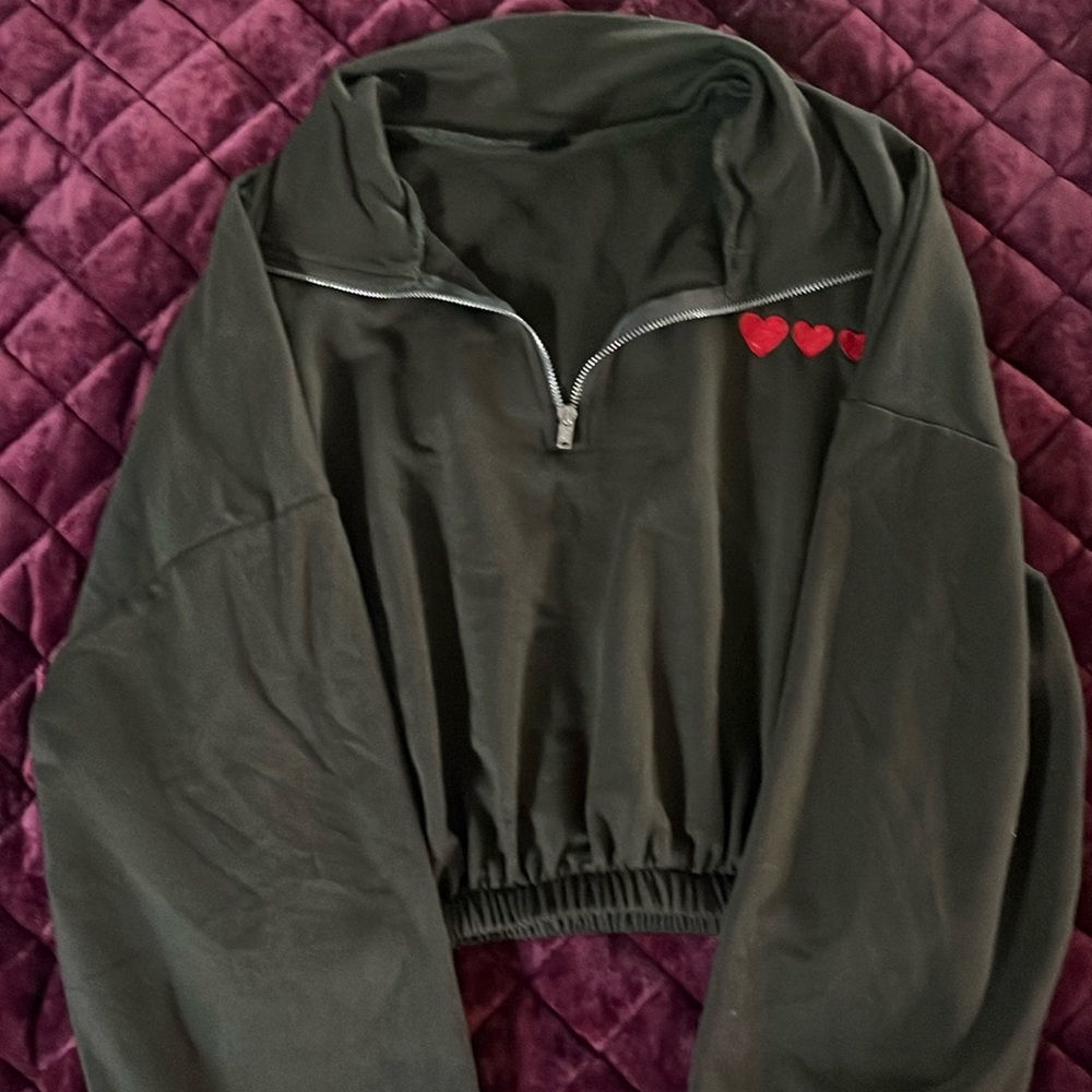 Dark Green Video Game Cropped Half Zip Bomber Jacket